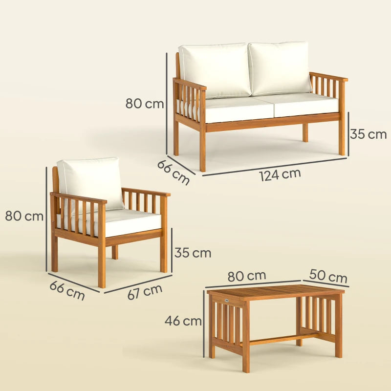 Four-Piece Acacia Wood Garden Sofa Set with Teak Finish and Cream Cushions