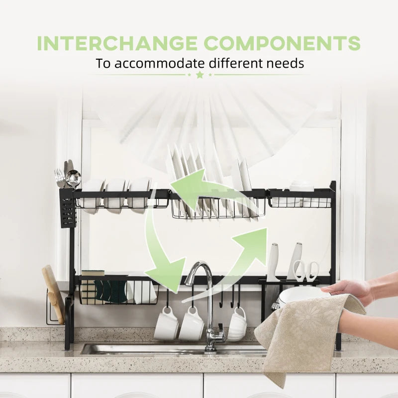 Space Saving 2-Tier Adjustable Dish Drainer Rack Over Sink - Black Dish Drying Organizer for Kitchen