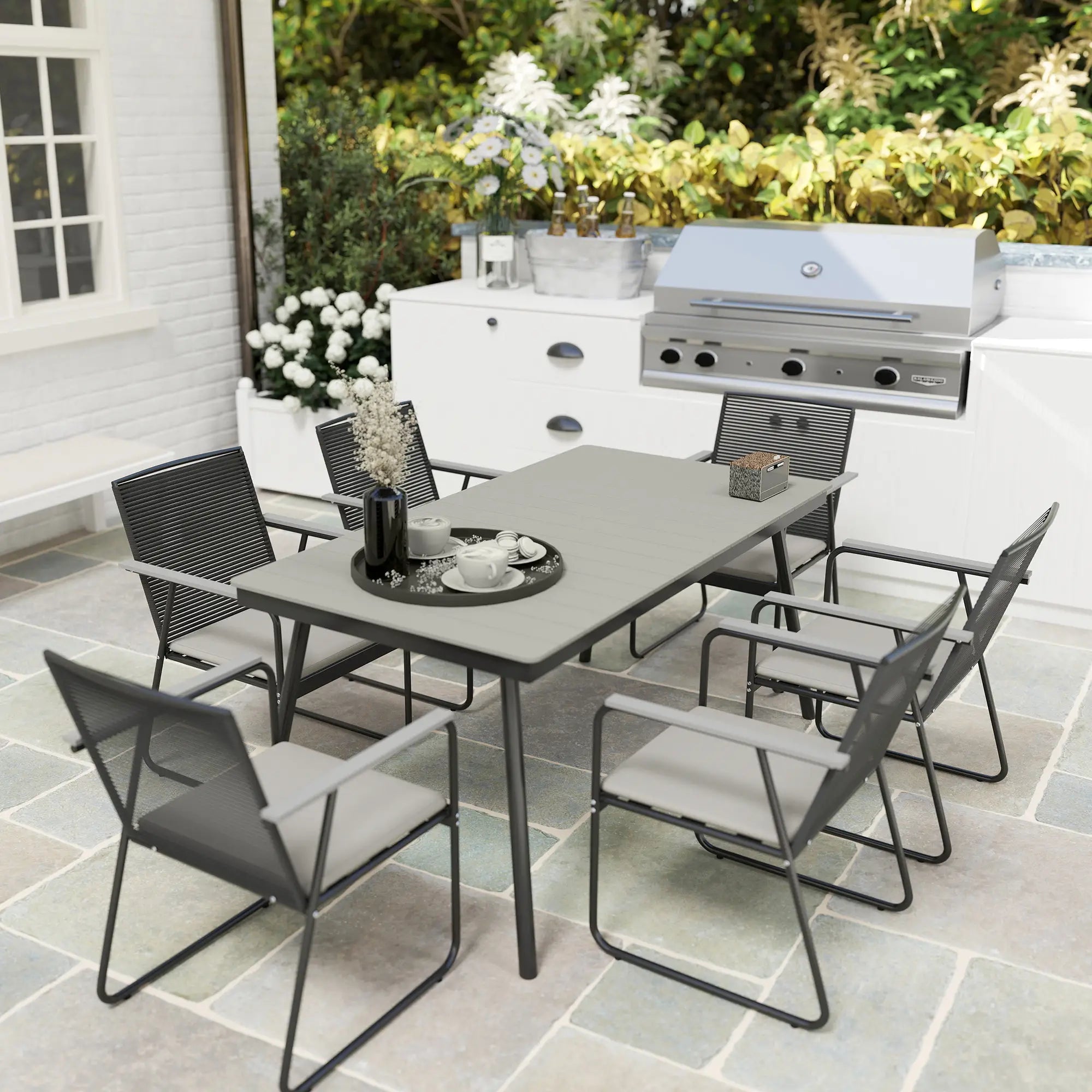 Grey 6 Seater Rattan Garden Dining Set with Cushions – Outdoor Patio Furniture with Rectangular Table