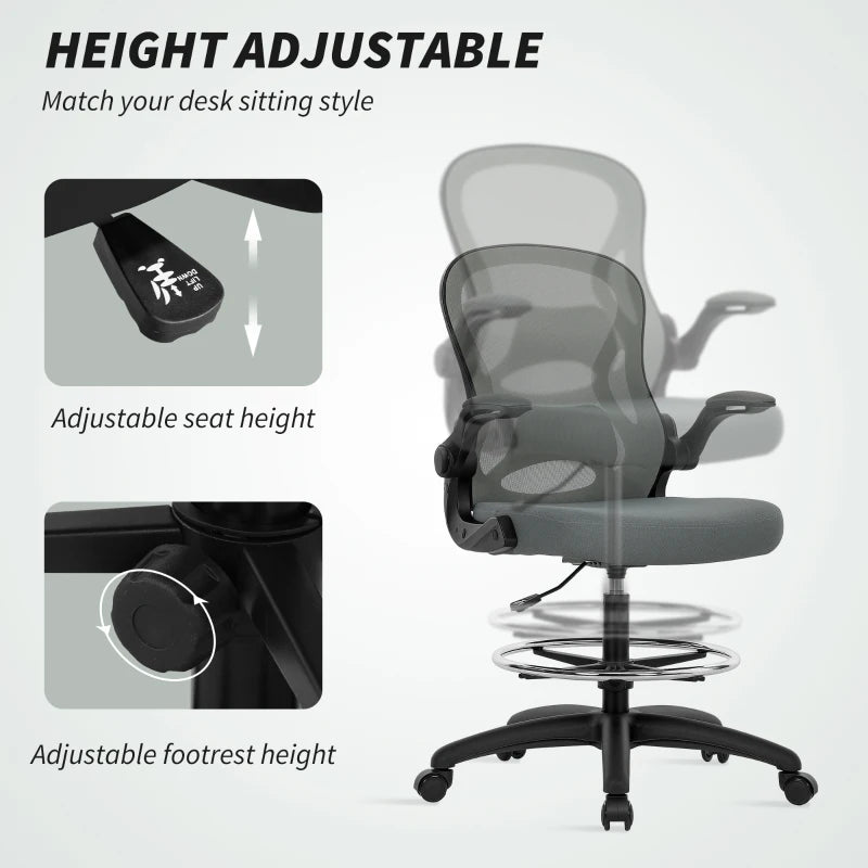 Vinsetto Ergonomic Drafting Chair - Tall Office Chair with Mesh Back, Lumbar Support, Flip-up Armrests, Adjustable Height, Charcoal Grey