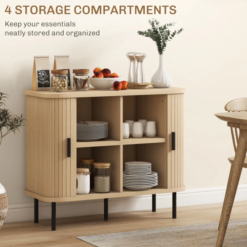 Mid-Century Modern Sideboard Storage Cabinet with Sliding Doors and Steel Legs in Oak Tone