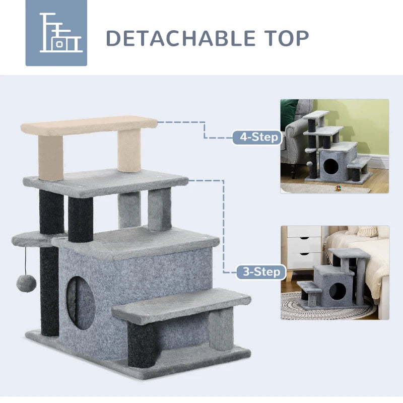 Adjustable Cat Steps with House & Hanging Toy Ball - Grey | Perfect for Cats of All Sizes