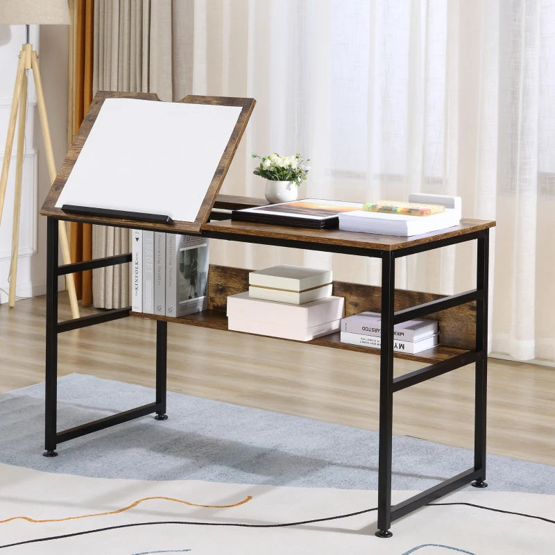 Adjustable Drafting Table Art Desk - Multifunctional Craft Workstation with 15-Level Tiltable Top & Storage Shelf - Rustic Brown
