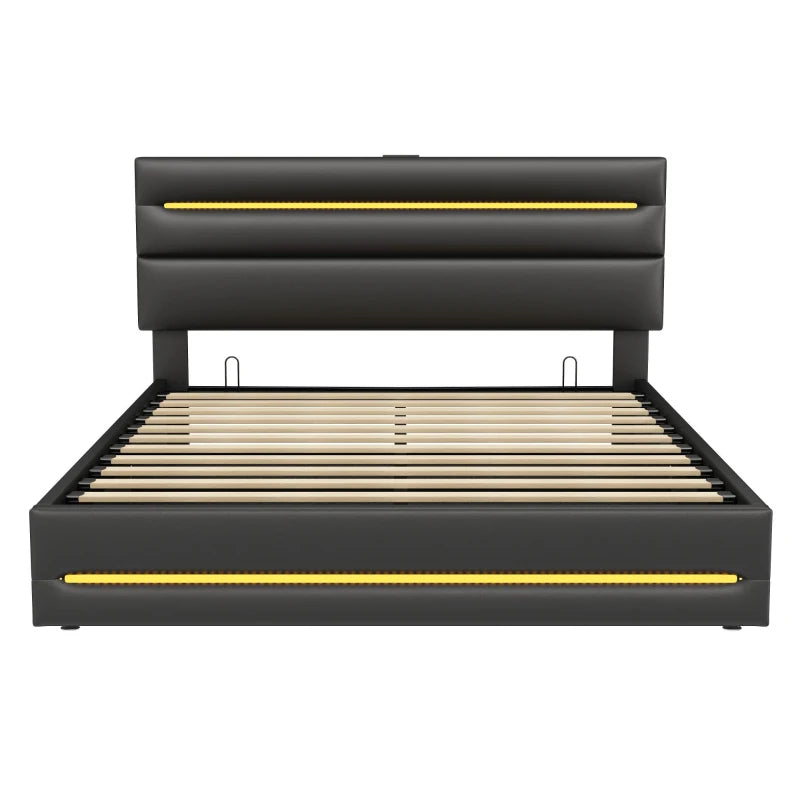 King Upholstered Bed Frame with Hydraulic Storage & LED Lighting, USB & Type-C Ports, 210x160x110 cm, Black