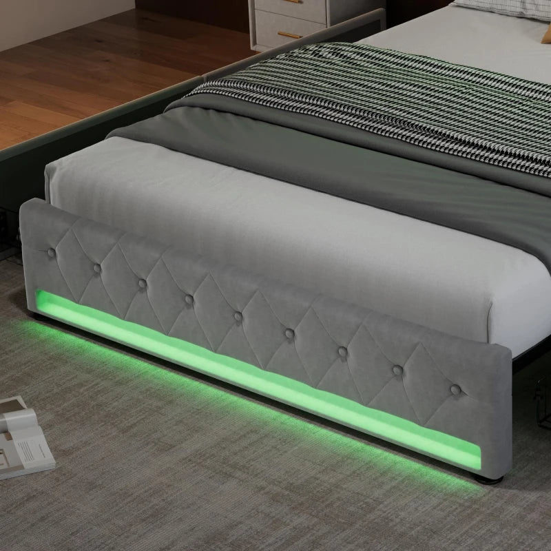 4ft6 Upholstered Double Bed with Velvet Headboard, 4 Storage Drawers, LED Lights & Charging Socket - Grey, 206L x 143W x 115H cm