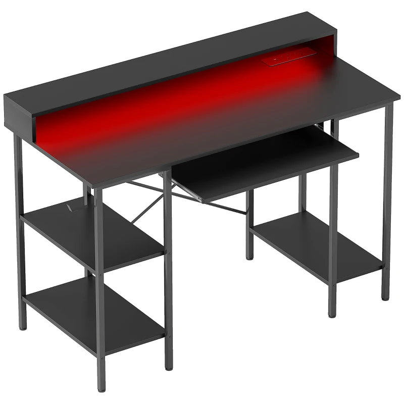 LED Gaming Computer Desk with Power Outlets, 120x55 cm, Monitor Stand, Sliding Keyboard Tray & Storage Shelves - Black