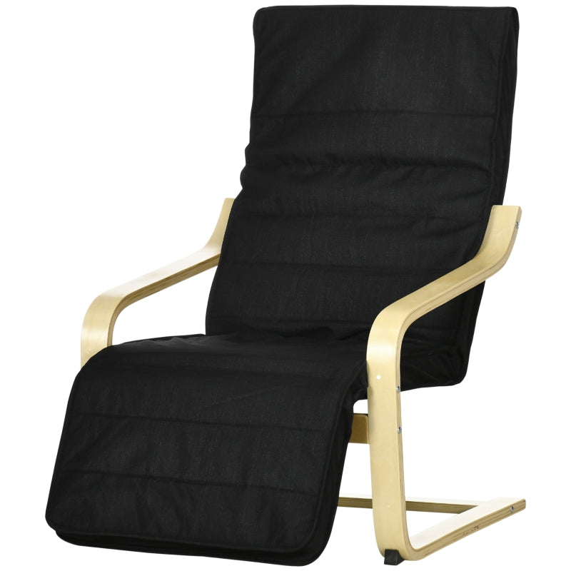 Wooden Reclining Lounge Chair with Adjustable Footrest and Removable Cushion Cover for Deck Relaxation, Black
