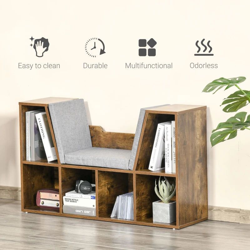 Rustic Brown Bookcase Storage Shelf with Cushioned Reading Seat - Cube Bookshelf Organizer for Bedroom & Living Room