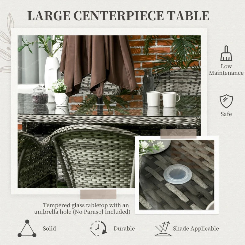 7-Piece Grey Rattan Outdoor Dining Set with Glass Table & Umbrella Hole