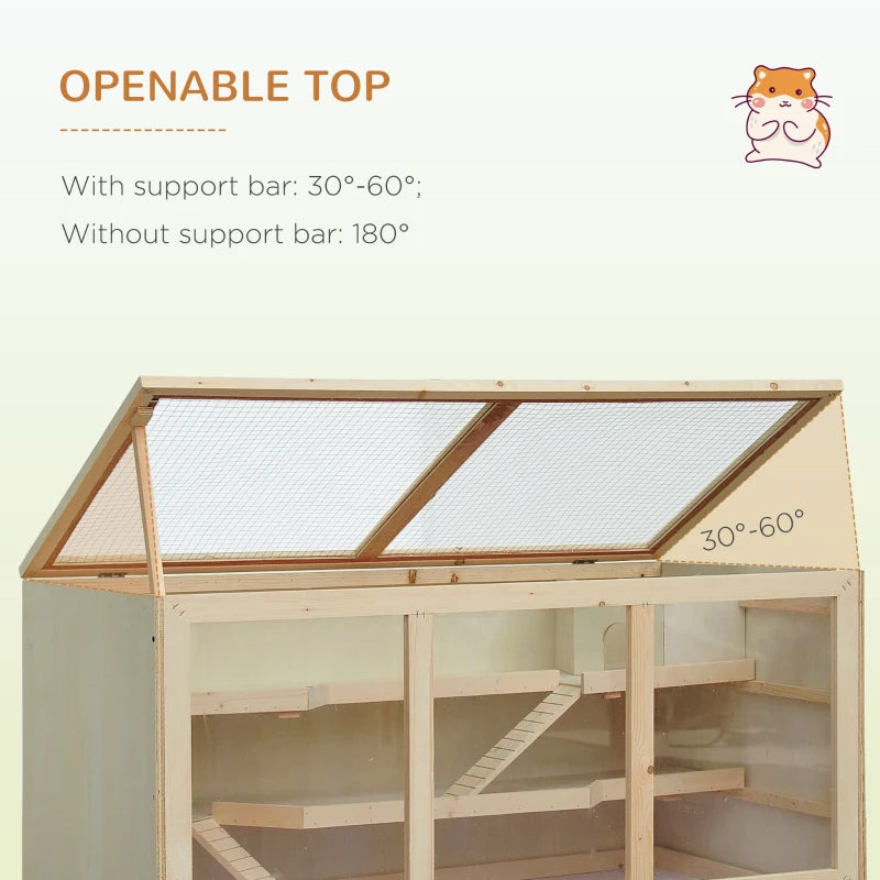 Wooden Hamster Cage for Small Animals with Openable Top and Exercise Play House 115L x 57W x 55Hcm Natural