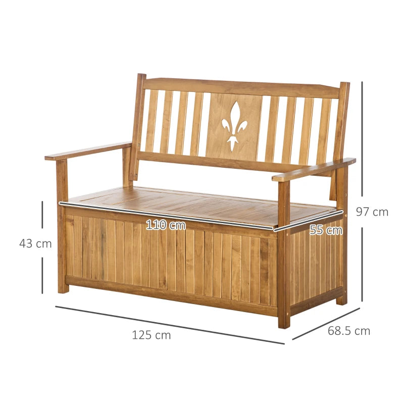 Natural Wooden Garden Storage Bench with Flower Pattern, 2 Seater, 164L