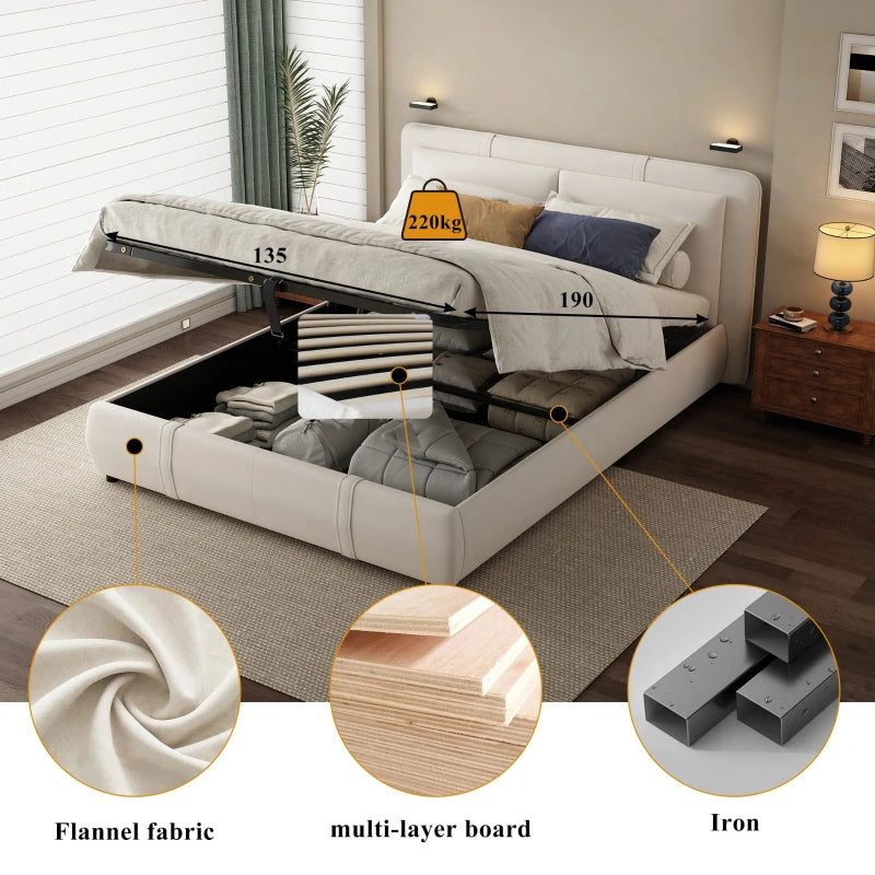 Upholstered Double Bed with Hydraulic Storage & Headboard - Full-Size Beige Bed for Bedding Storage, 210x159x90 cm