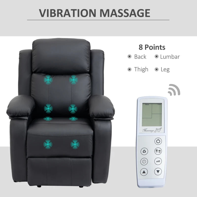 Electric Recliner Chair with Massage Function, Power Lift for Elderly, Remote Control, Extended Footrest, Dual Side Pockets, Overstuffed Design, Black