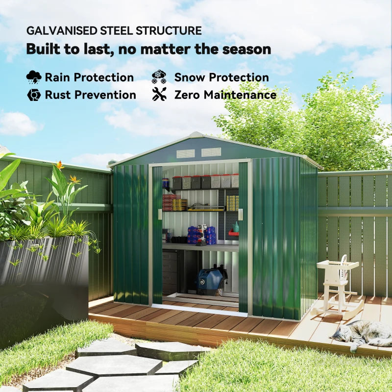 Green 7ft x 4ft Lockable Metal Shed with Ventilation Slots, Foundation Kit and Lockable Double Doors