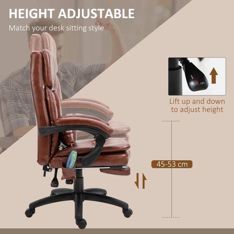 Vinsetto Brown PU Leather Office Chair with 7-Point Vibrating Massage, Adjustable Height, Reclining Back & Footrest - Comfort & Style