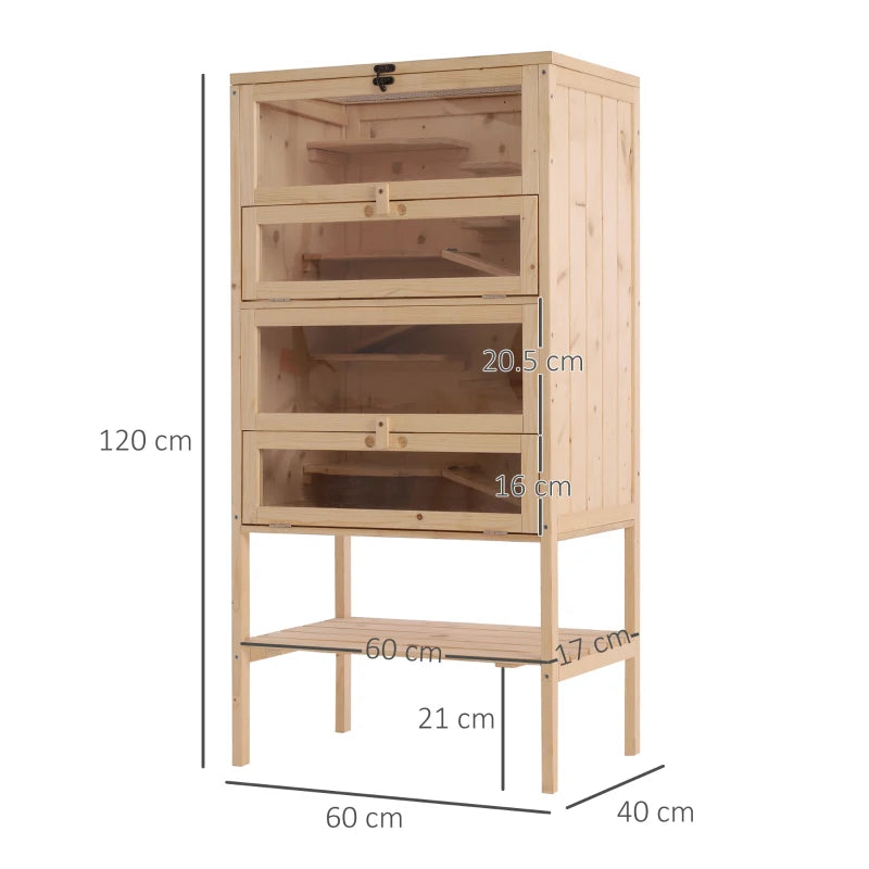 Large Wooden Hamster Cage with 4 Layers, Tall Bottom & Storage Shelf - Ideal Gerbil Habitat for Active Pets