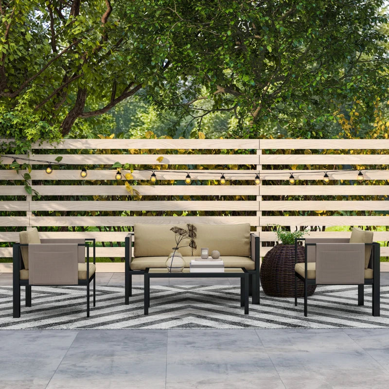 4 Piece Metal Garden Furniture Set with Glass Table and Cushions for Outdoor Relaxation