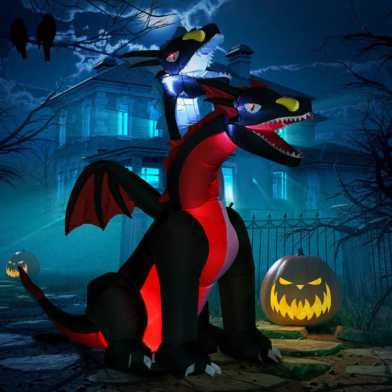 7FT Tall Inflatable Dragon with 2 Heads & LED Lights - Halloween Party Decoration for Indoor & Outdoor Yard
