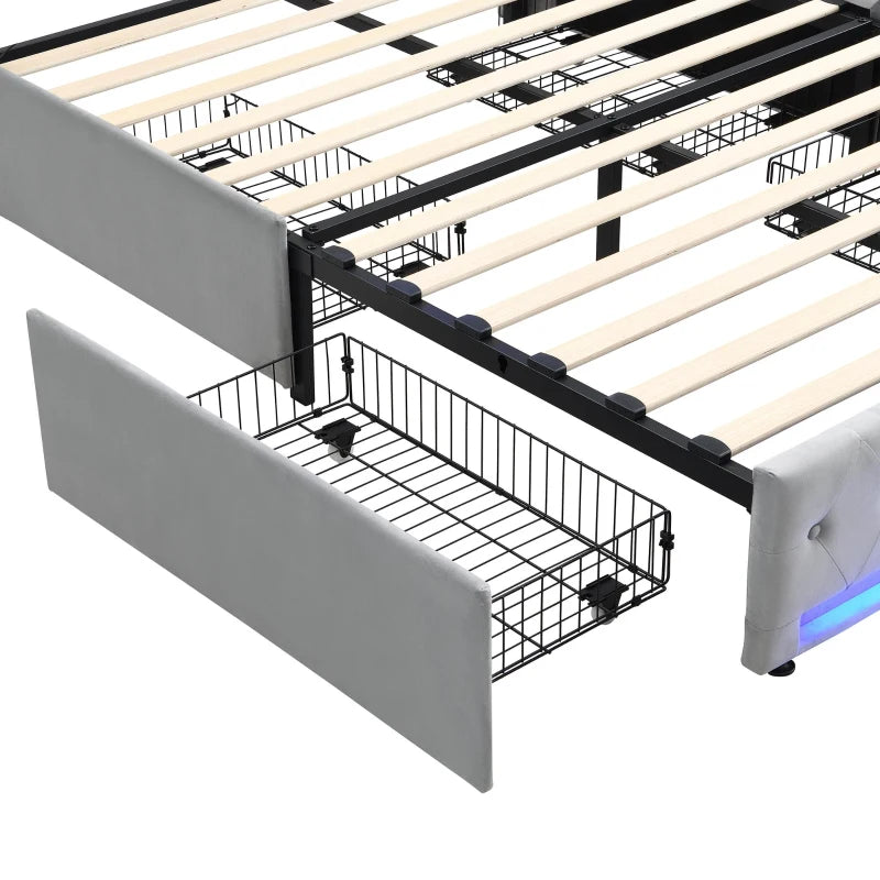 4ft6 Upholstered Double Bed with Velvet Headboard, 4 Storage Drawers, LED Lights & Charging Socket - Grey, 206L x 143W x 115H cm