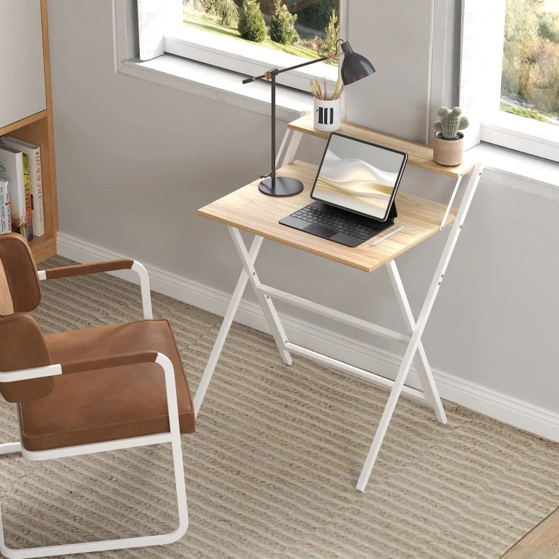 70 cm Folding Computer Desk with Monitor Shelf - Stylish Natural Wood Finish for Home Office & Study