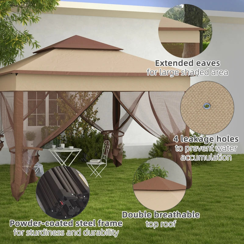 Khaki Double-Roof Pop Up Gazebo with Netting and Carry Bag