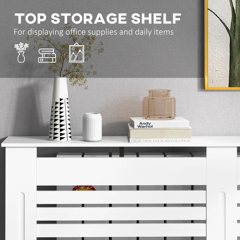 Modern White MDF Radiator Cover Cabinet with Horizontal Slats for Living Room Bedroom 152L x 19W x 81H cm