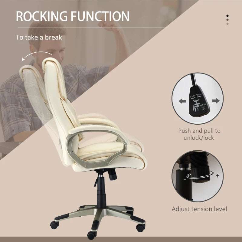 High Back Home Office Chair - Adjustable Cream White Faux Leather Desk Chair with Rocking Function