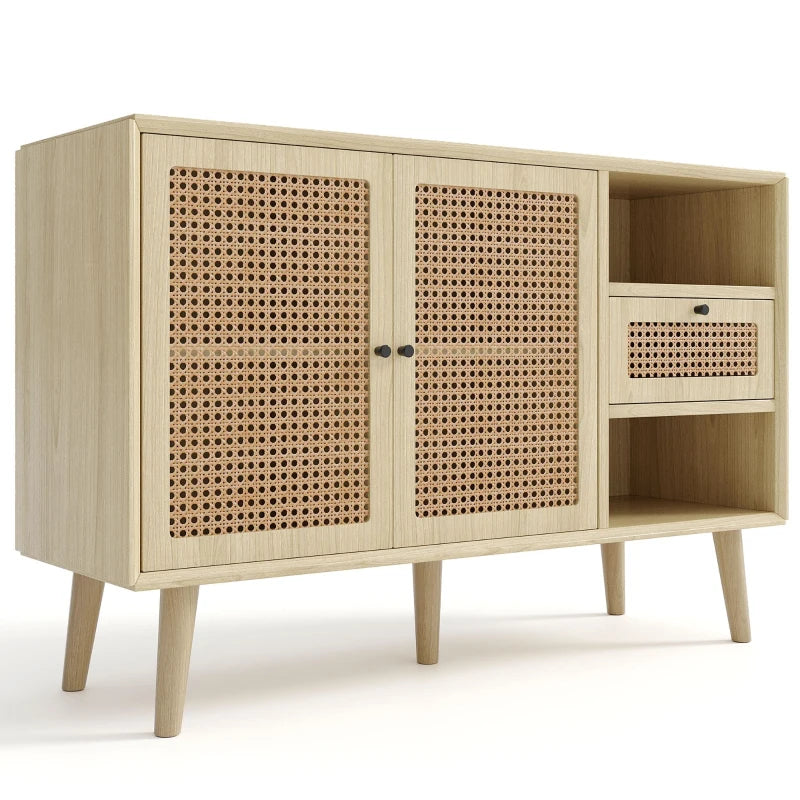 Modern Light Oak Sideboard with Woven Doors, Drawers & Unique Legs - 120L x 40W x 80H cm, Stylish Storage Solution