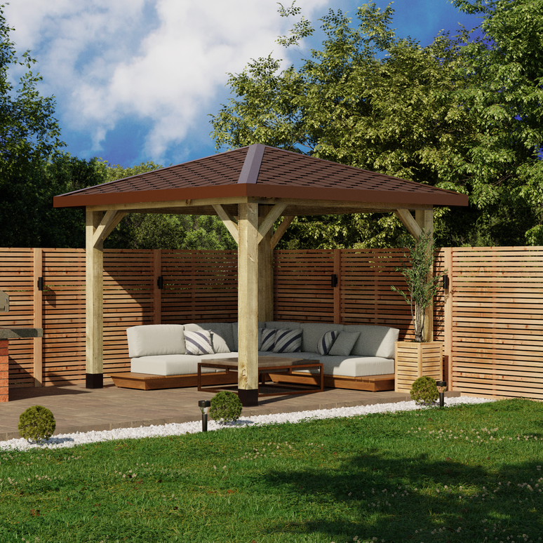 Ruby Wooden 4 Pitch Gazebo with Katepal Brown Shingle Roof - High Quality Weatherproof Garden Gazebo