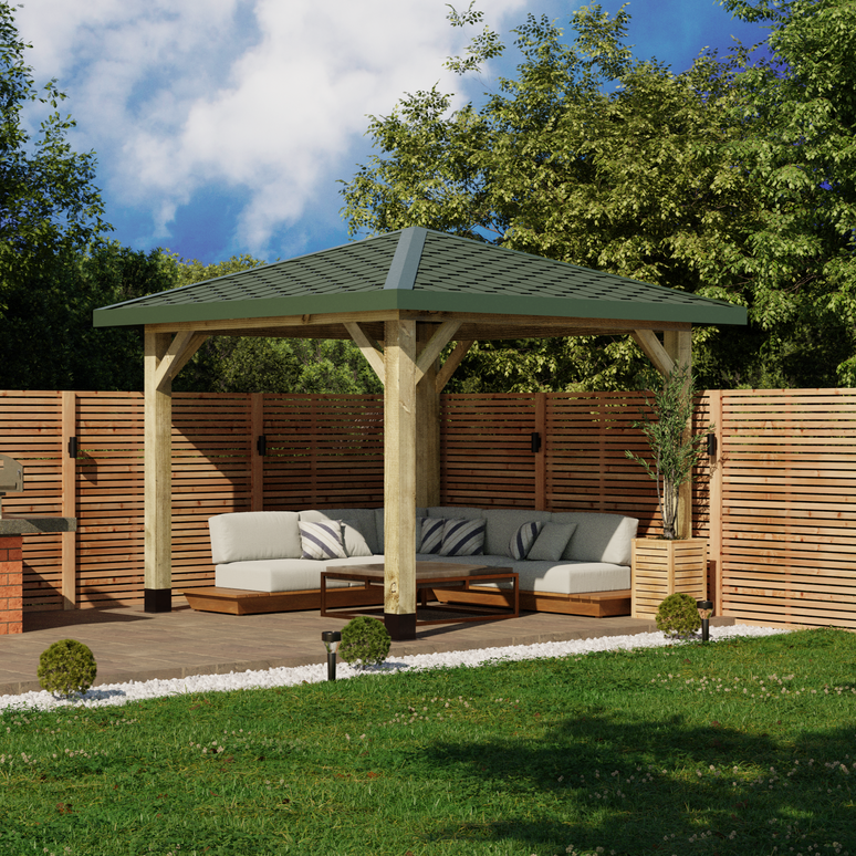 Ruby Wooden 4 Pitch Gazebo with Katepal Green Shingle Roof - Premium Weatherproof Garden Gazebo