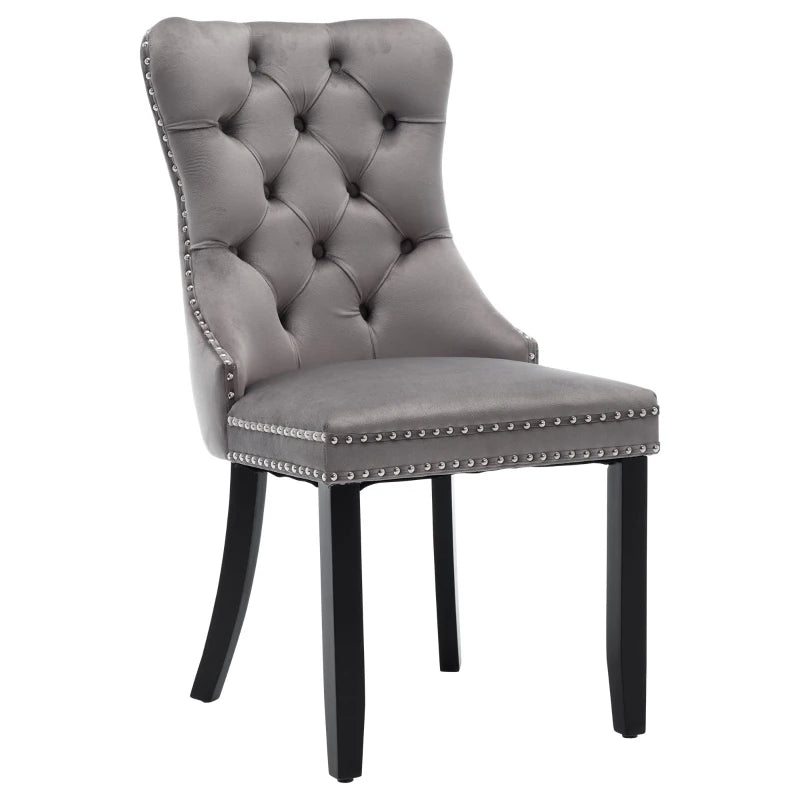 Set of 2 Grey Velvet Dining Chairs with Knocker Ring, Button Tufted Backrest & Rubber Wood Legs - Stylish & Comfortable