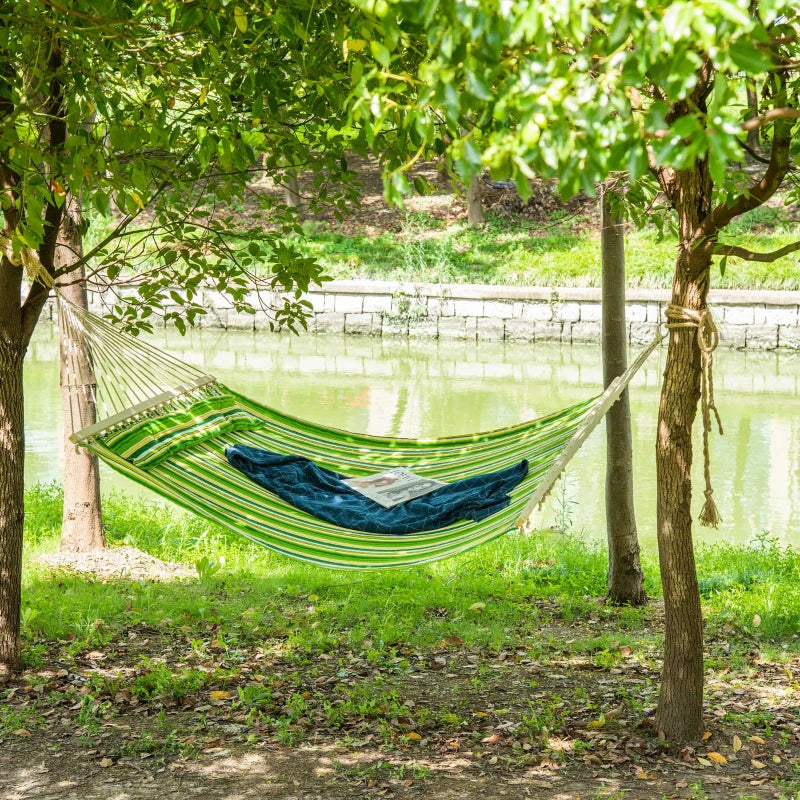 Green Striped Double Cotton Hammock with Pillow Outdoor Swing Bed 188L x 140W cm