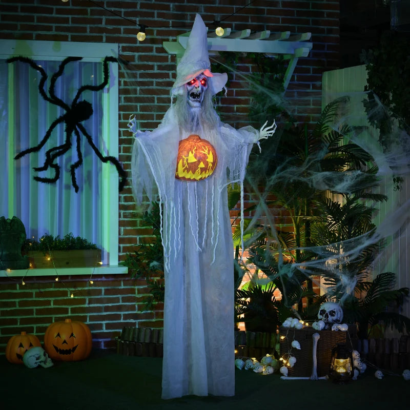 6ft Outdoor Halloween Witch Decoration with Pumpkin - Life Size Skeleton Prop, Sound & Motion Activated, Light Up Eyes, Laughing Sound