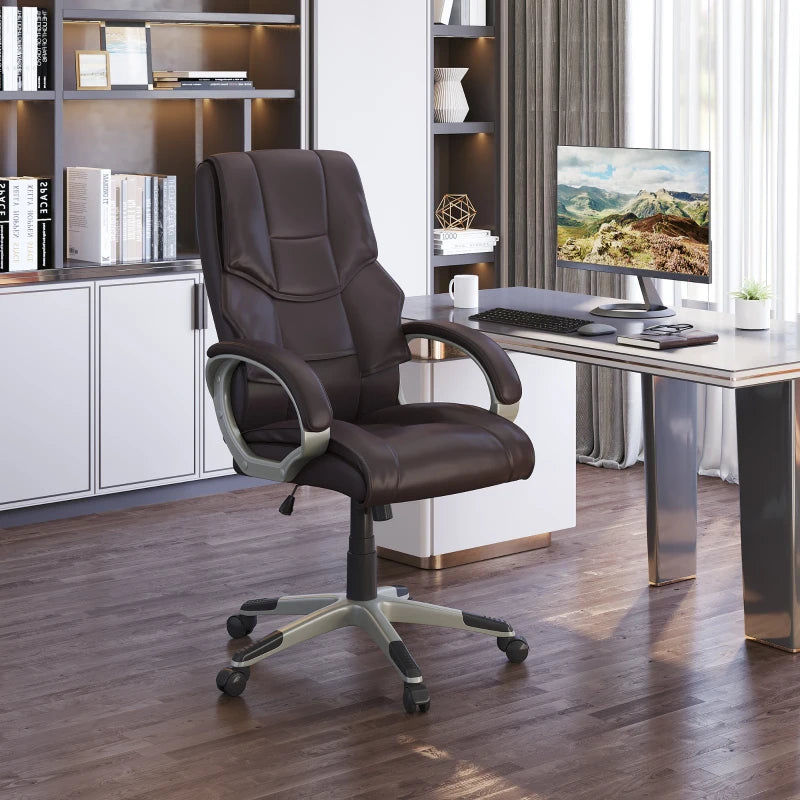 High Back Home Office Chair - Adjustable Faux Leather Desk Chair with Rocking Function in Brown