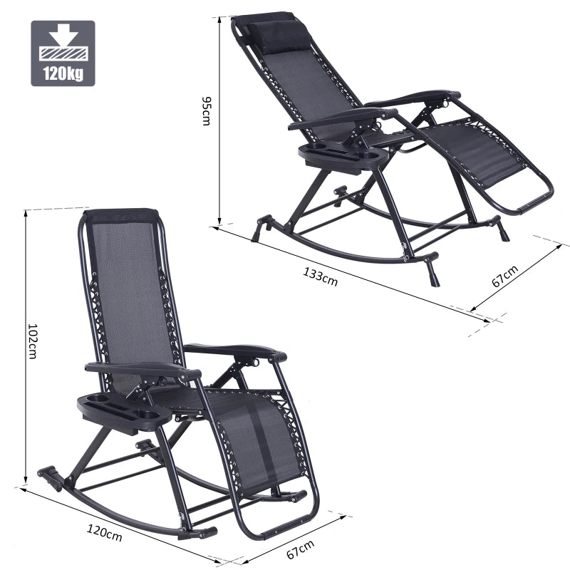 Black Foldable Outdoor Rocking Chair with Sun Lounger and Cup Holder