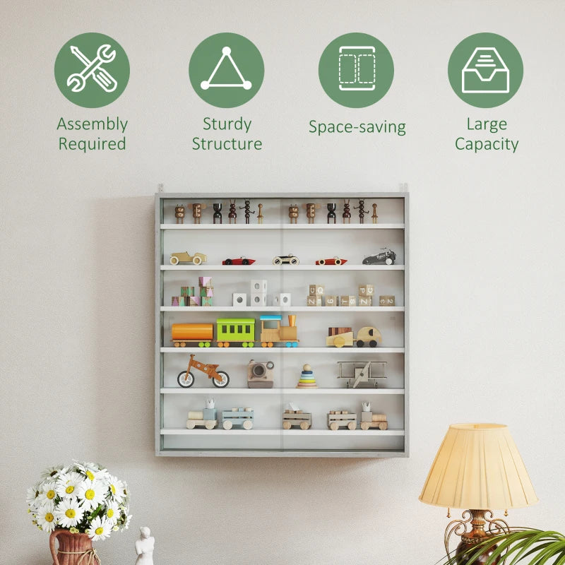 Stylish Six Shelf Display Cabinet with Glass Doors - Modern Graphite Wood Effect Storage Solution for Home or Office