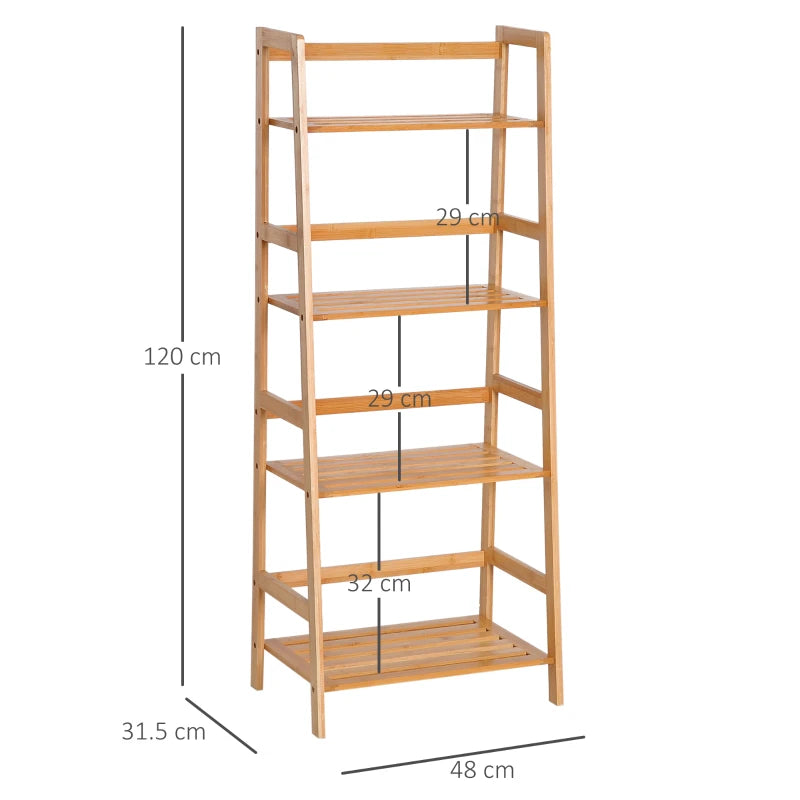 Bamboo Ladder Shelf - 4-Tier Freestanding Bookcase for Living Room, Study & Home Office - Natural Wood Effect, 48x31.5x120cm