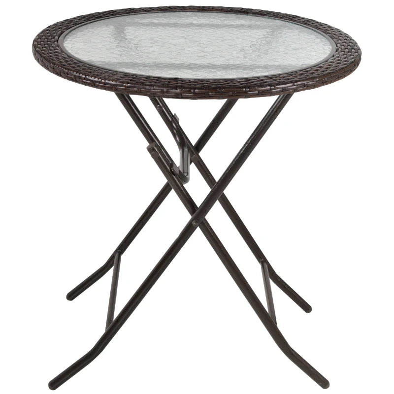 Brown Rattan Edged Round Glass Metal Folding Table