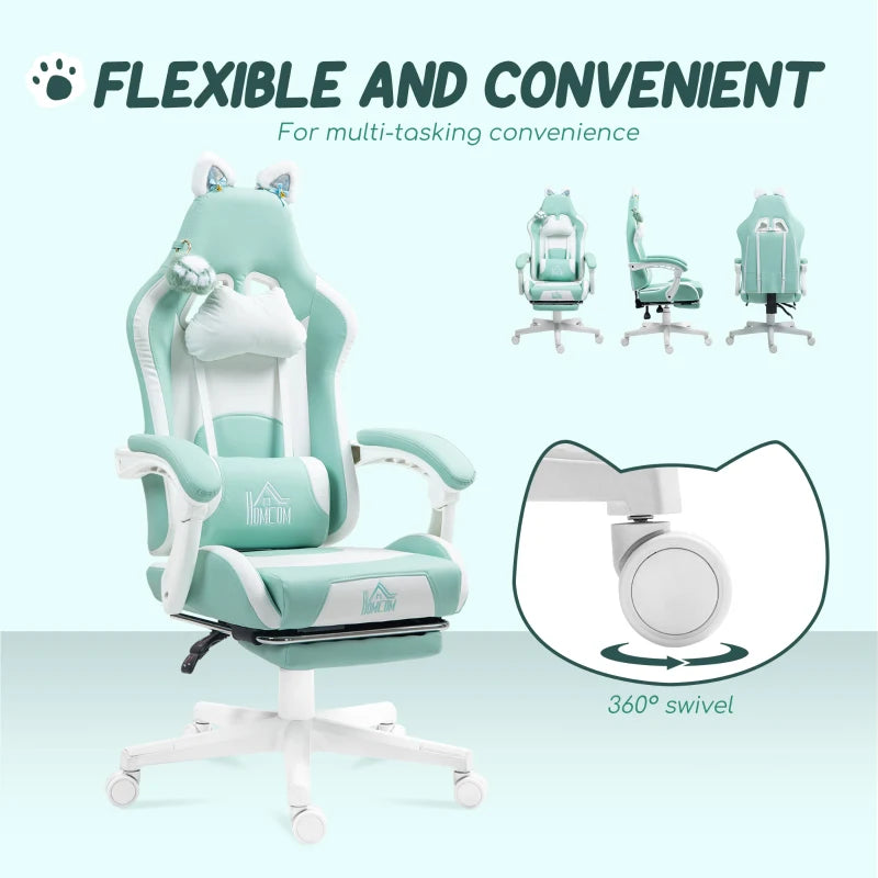 Cat Ear and Paw Reclining Office Chair with Footrest - Cute Light Blue/White Design for Comfort and Style