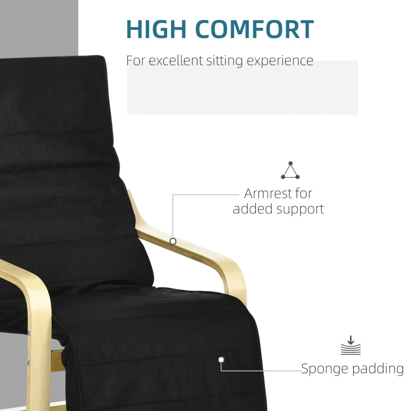 Wooden Reclining Lounge Chair with Adjustable Footrest and Removable Cushion Cover for Deck Relaxation, Black