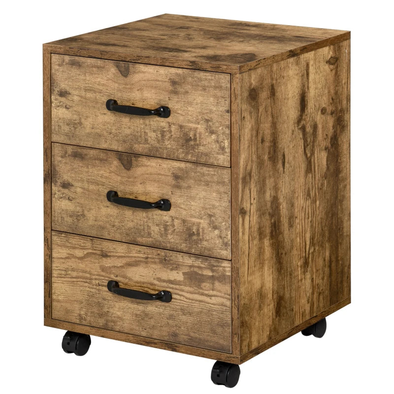 Rustic Brown 3 Drawer Mobile File Cabinet on Wheels - Perfect for Home Office & Study Organization