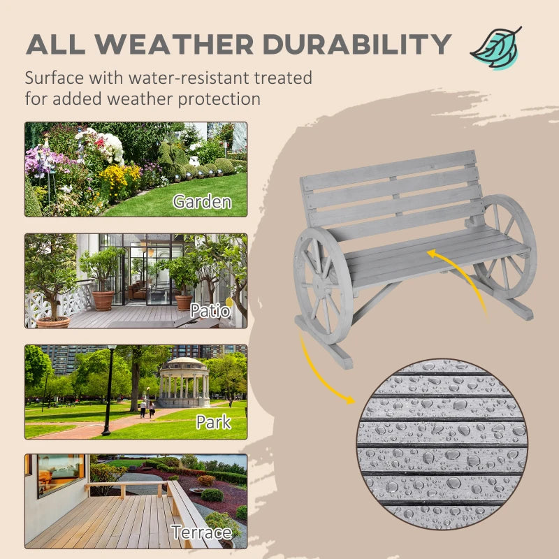 Grey Wooden Garden Bench with Wagon Wheel Design