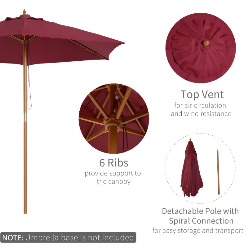 Wine Red 2.5m Wooden Garden Parasol Sun Shade