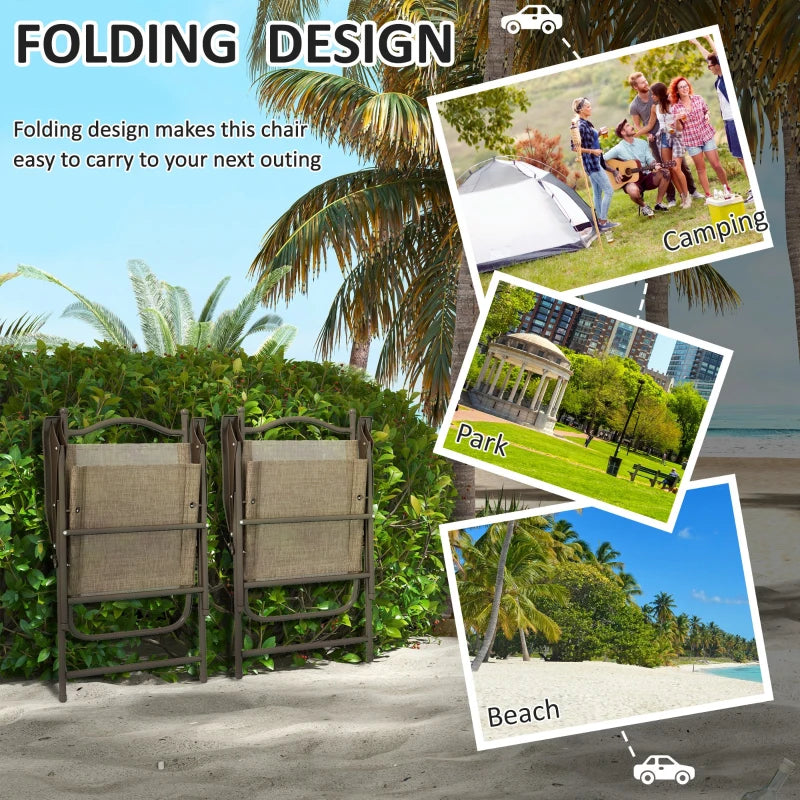 Set of 2 Folding Garden Chairs with Mesh Seats - Outdoor Patio Furniture, Brown