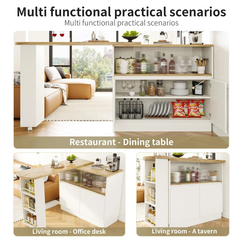 Multifunctional Bar Cabinet with Sliding Glass Doors & 360° Rotating Table - Stylish Storage for Dining Room, White, 90L x 120W x 100H cm