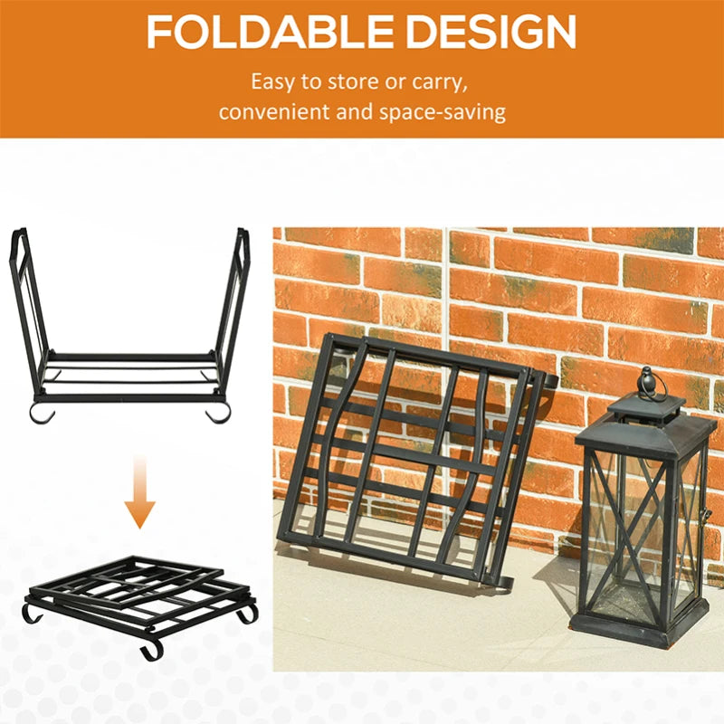 Metal Firewood Log Holder Rack - Indoor Outdoor Folding Fireplace Wood Storage Shelf, Rust-Resistant, Black, 48x34x37cm