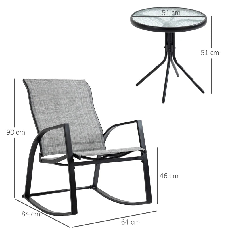 Grey Rocking Chair Bistro Set with Glass Table for Outdoor Spaces