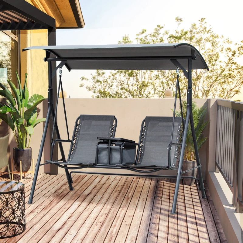 Grey 2-Seat Swing Chair with Adjustable Canopy and Middle Table