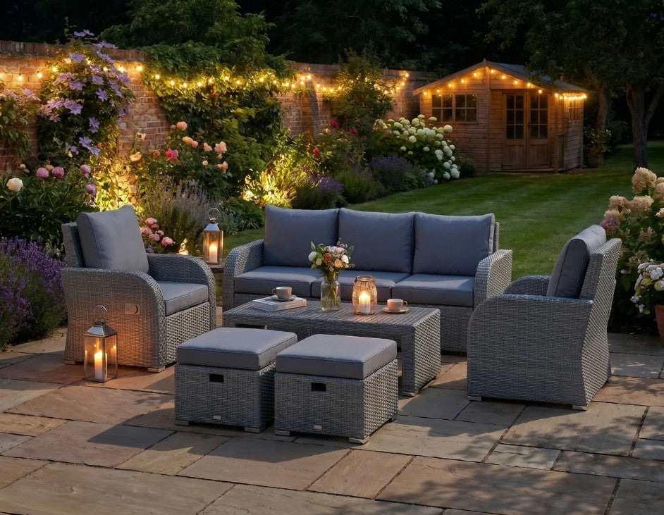 Dark Grey 6-Piece Rattan Garden Lounge Set with Reclining Armchairs, Hidden Footstools & Coffee Table