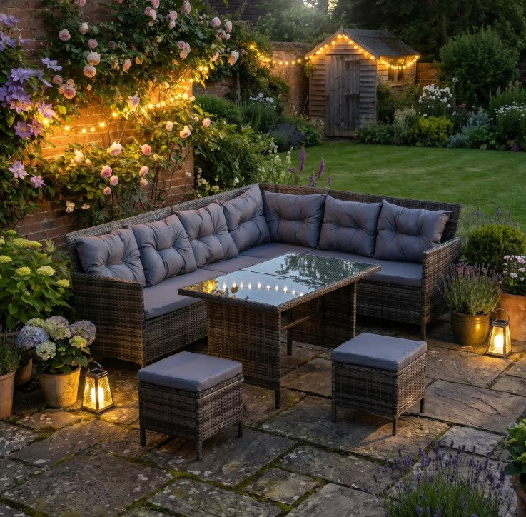 Mixed Grey 8-Seater Wicker Sofa Set With Glass Table & Cushions